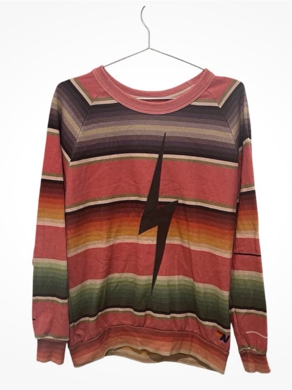 Aviator Nation Coral Multicolor Striped Crewneck with Lightning Bolt